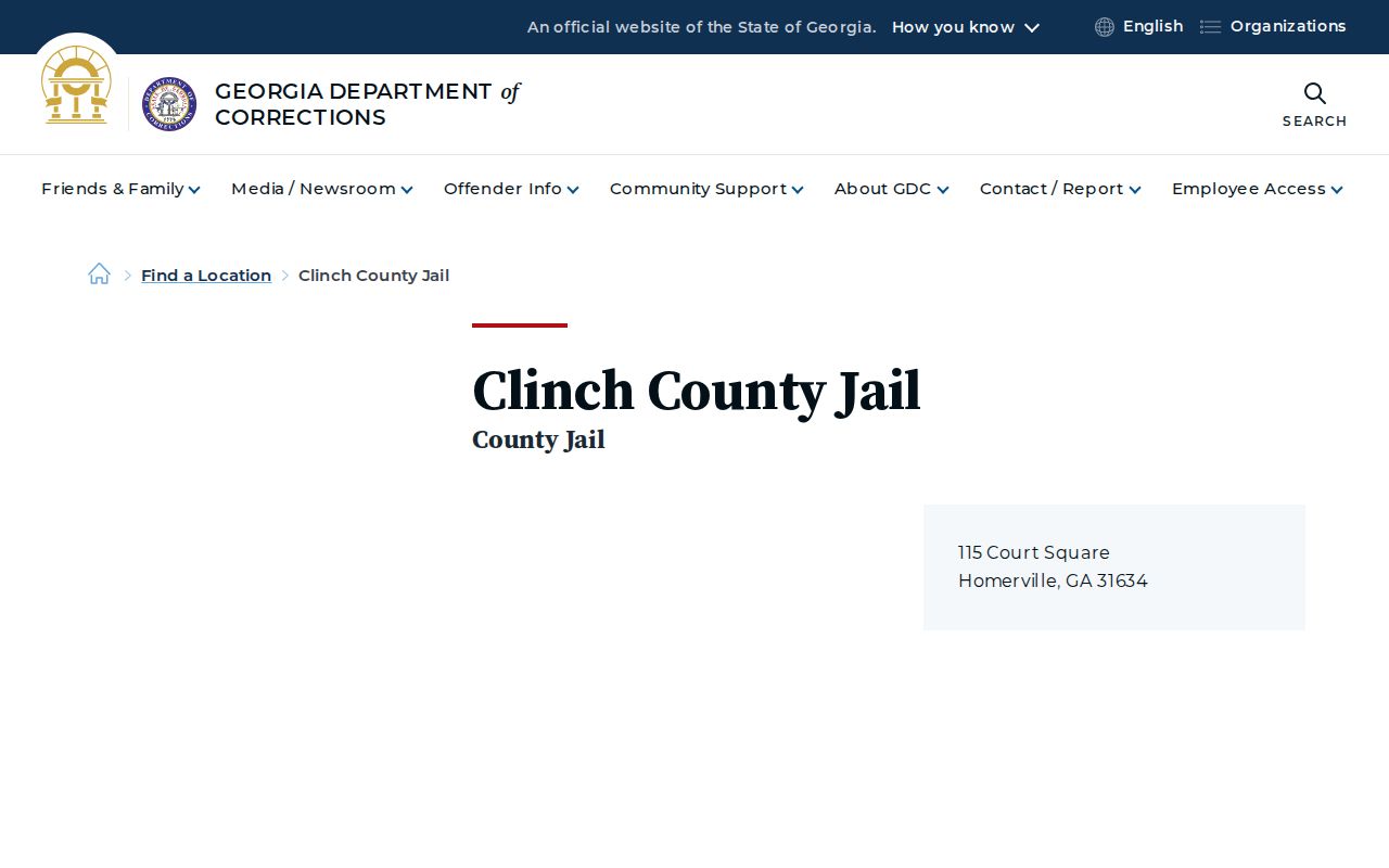 Clinch County Jail facility listing used for release record contact